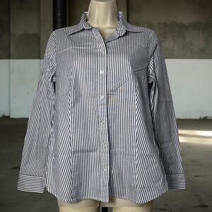 Ann Taylor Petite Striped Button-Up Shirt White Navy Classic Modern Workwear 12P